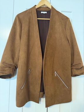 Maurices Tan Suede Open Front Blazer with Zipper Pockets